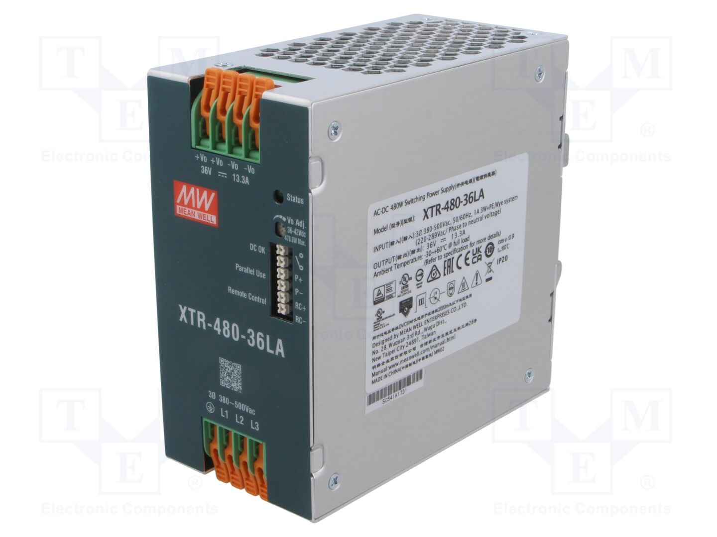 MEAN WELL XTR-480-36LA DIN-kiskoon asennettava kytkentäsähkölaite 480W 36VDC