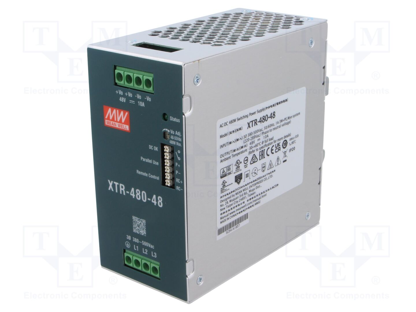 MEAN WELL XTR-480-48 DIN-kiskoon asennettava kytkentäsähkönsyöttö 480W 48VDC