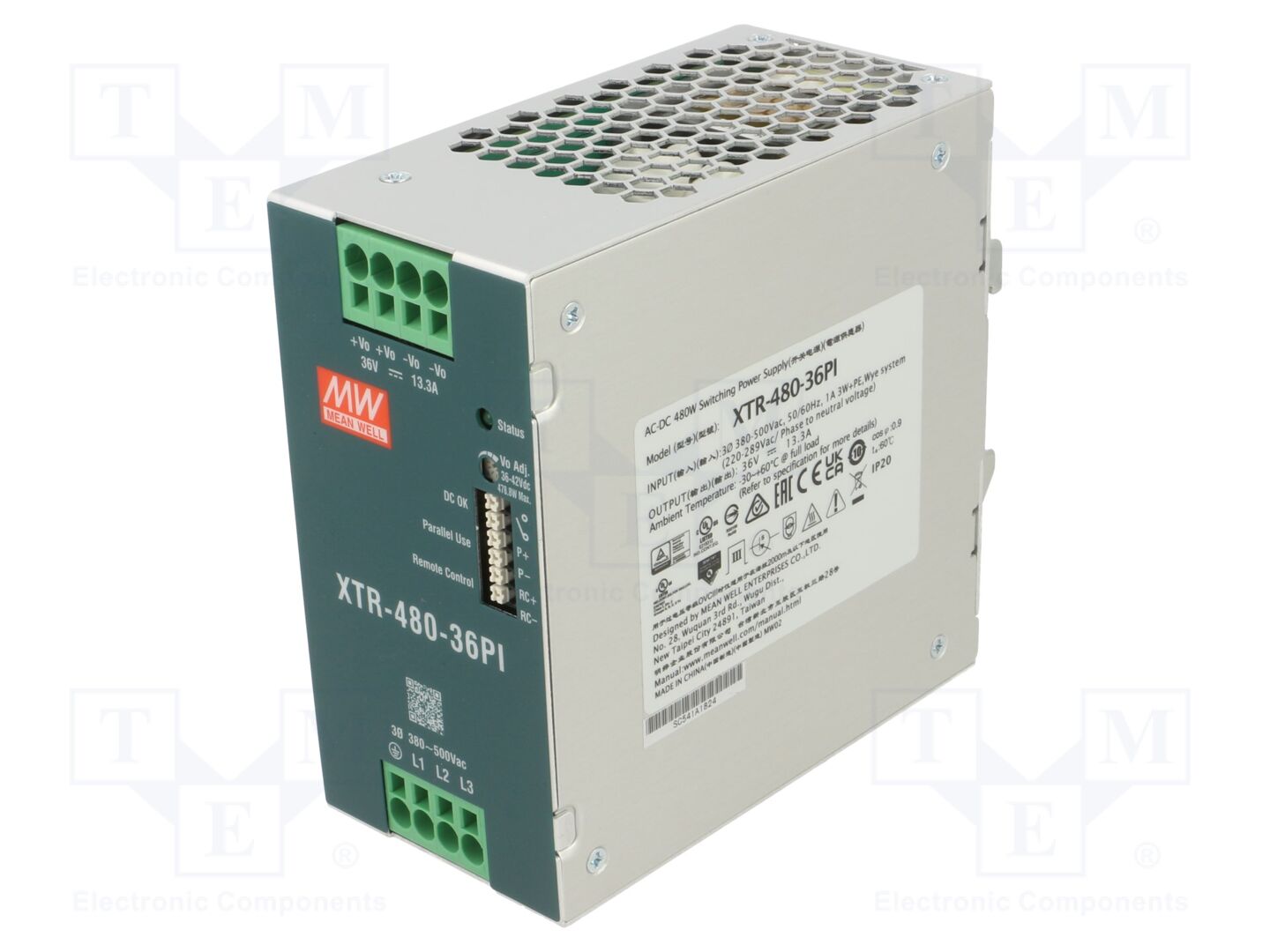 MEAN WELL XTR-480-36PI DIN-kiskoon asennettava kytkentäsähkönsyöttö 480W 36VDC