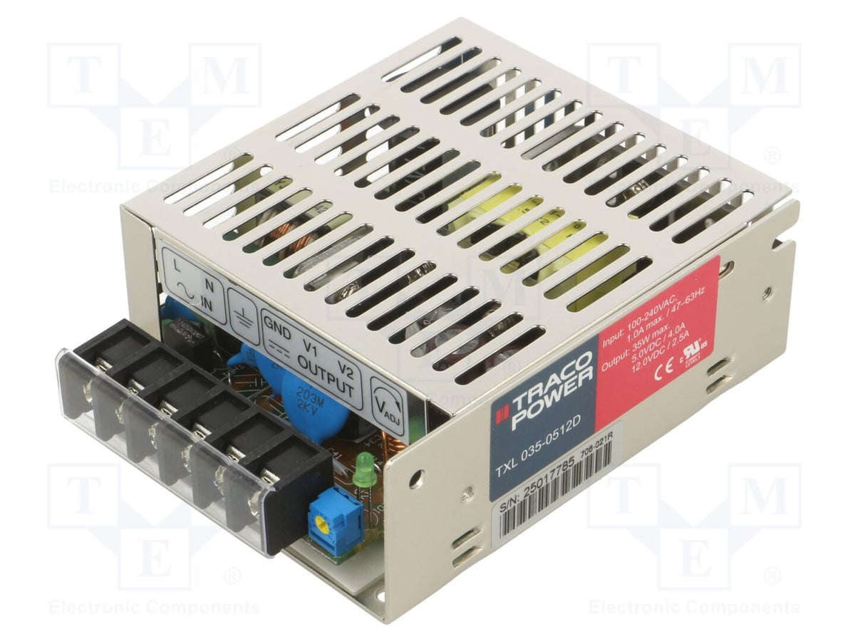 TRACO POWER TXL035-0512D Sisäänrakennettu kytkentäsähkönsyöttö 35W 5VDC 4A