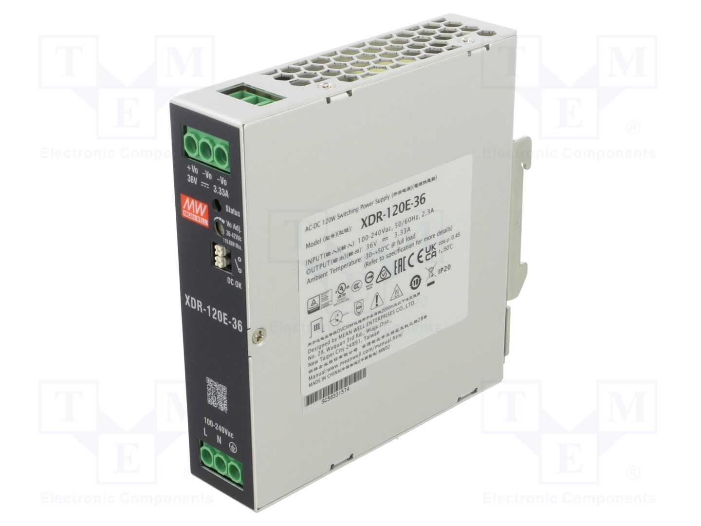 MEAN WELL XDR-120E-36 DIN-kiskoon asennettava kytkentävirtalähde 120W 36VDC