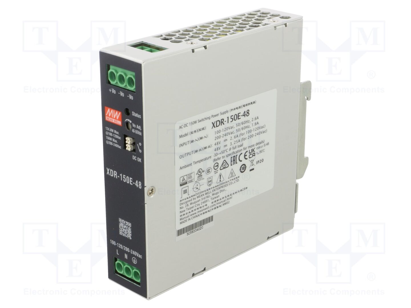MEAN WELL XDR-150E-48 DIN-kiskoon asennettava kytkentävirtalähde 48VDC 3.25A