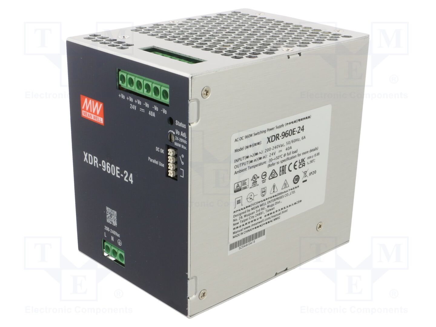 MEAN WELL XDR-960E-24 DIN-kiskoon asennettava kytkentävirtalähde 960W 24VDC