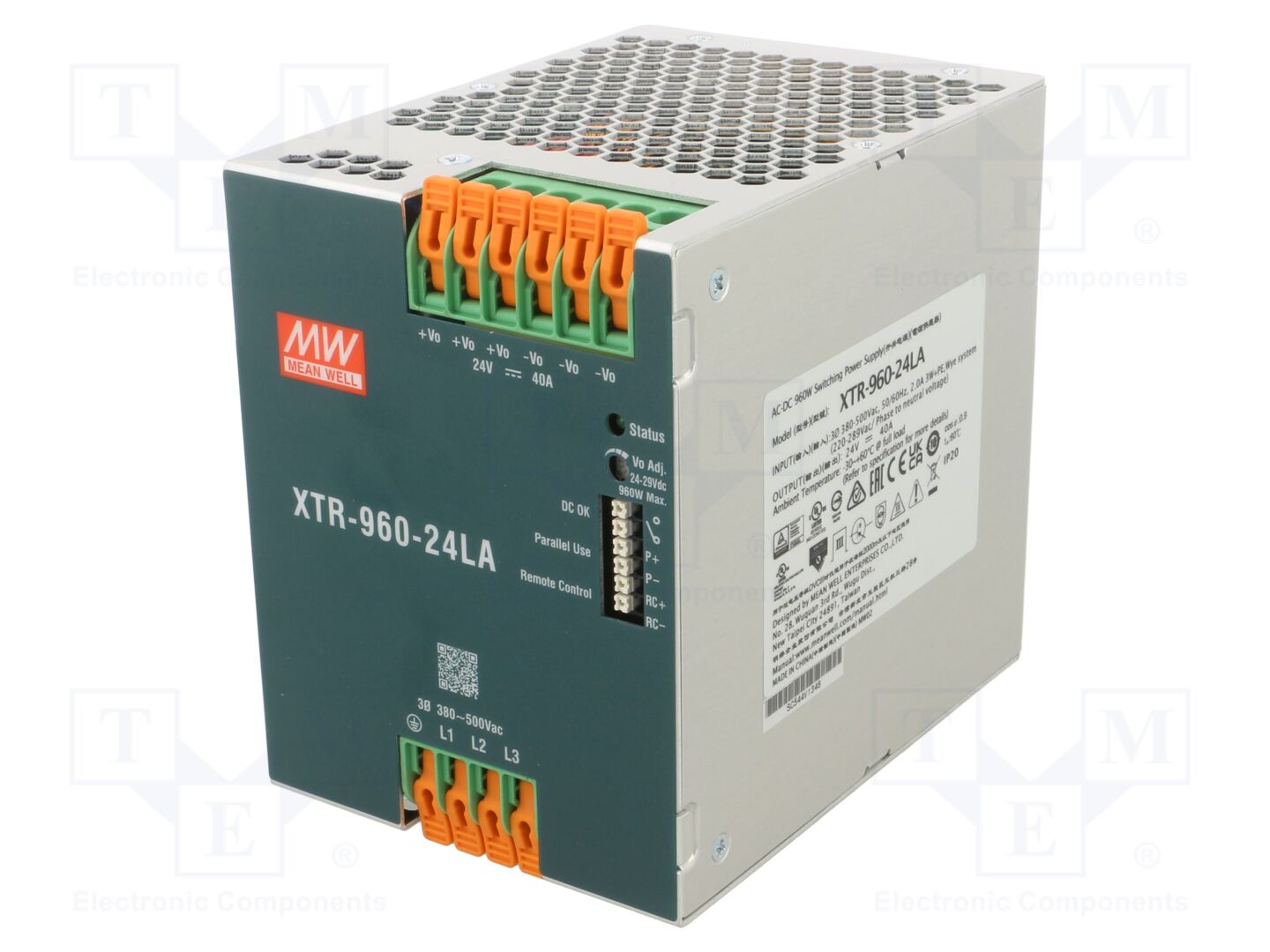 MEAN WELL XTR-960-24LA DIN-kiskoon asennettava kytkentäsähkönsyöttö 960W 24VDC