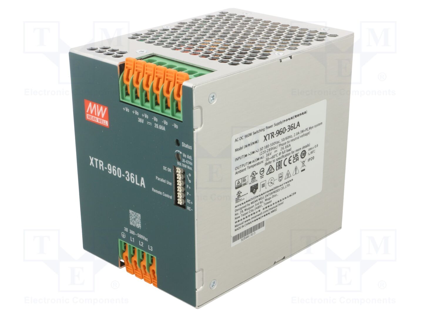 MEAN WELL XTR-960-36LA DIN-kiskoon asennettava kytkentävirtalähde 960W 36VDC
