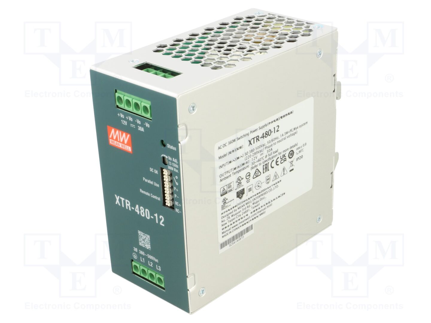 MEAN WELL XTR-480-12 DIN-kiskoon asennettava kytkentäsähkönsyöttö 360W 12VDC
