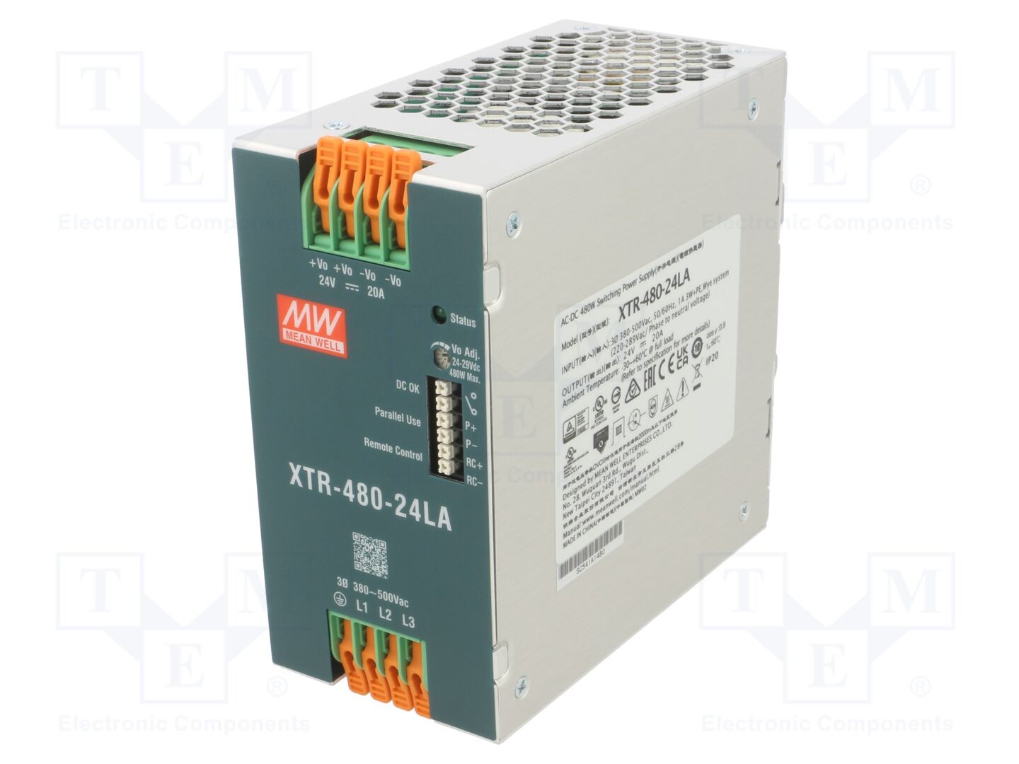 MEAN WELL XTR-480-24LA DIN-kiskokiinnitteinen kytkentävirtalähde 480W 24VDC