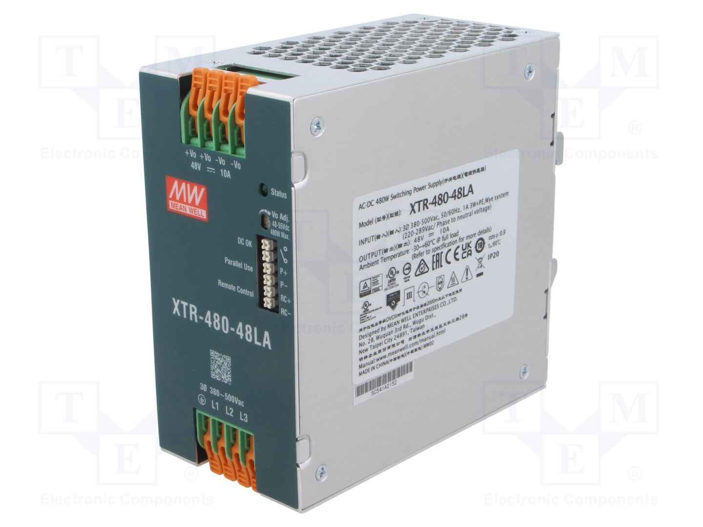 MEAN WELL XTR-480-48LA DIN-kiskokiinnitteinen kytkentävirtalähde 480W 48VDC