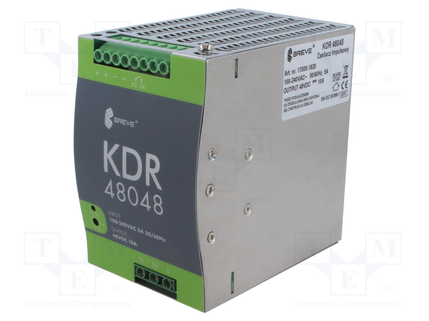 BREVE TUFVASSONS KDR-48048 Kytkentäsähköinen DIN-kiskoon asennettava virtalähde 480W