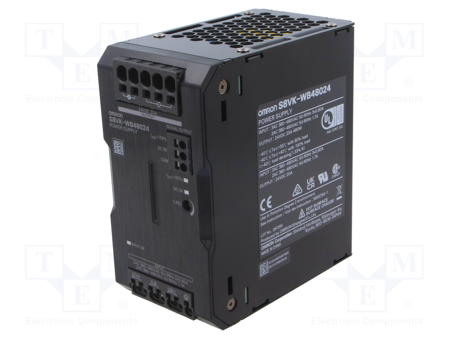OMRON S8VK-WB48024 DIN-kiskoon asennettava kytkentäsähkönsyöttö 480W 24VDC 20A