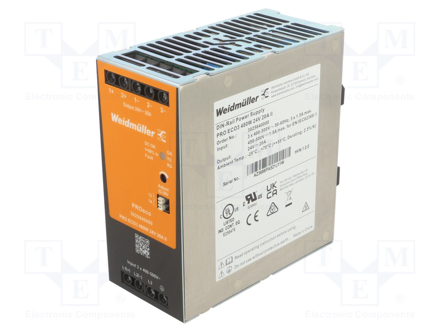 WEIDMÜLLER PROECO3-480W-24V DIN-kiskokytketty kytkentävirtalähde 480W 24VDC 20A