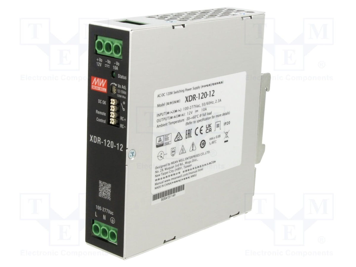 MEAN WELL XDR-120-12 DIN-kiskoon asennettava kytkentäsähkönsyöttö 120W 12VDC