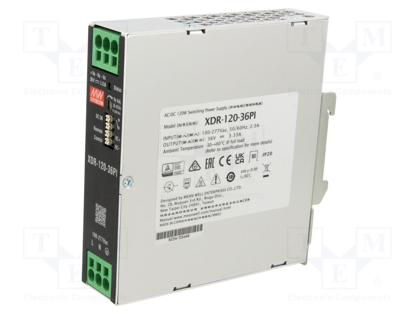 MEAN WELL XDR-120-36PI DIN-kiskokiinnitteinen kytkentävirtalähde 120W 36VDC