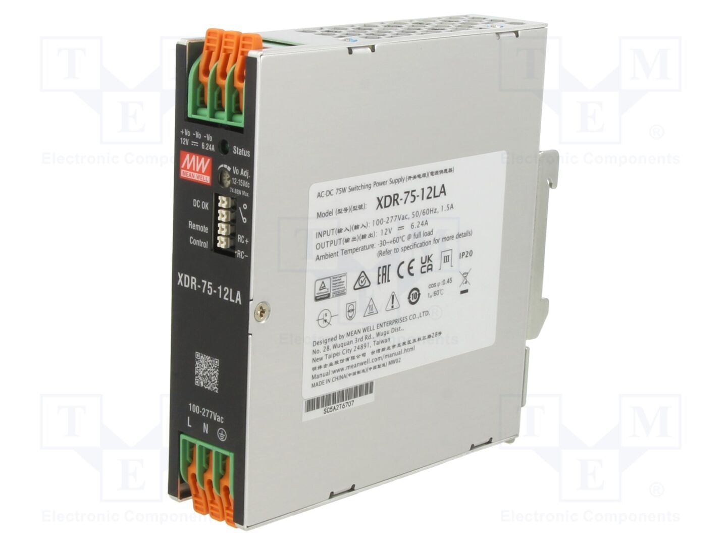 MEAN WELL XDR-75-12LA DIN-kiskoon asennettava kytkentävirtalähde 75W 12VDC
