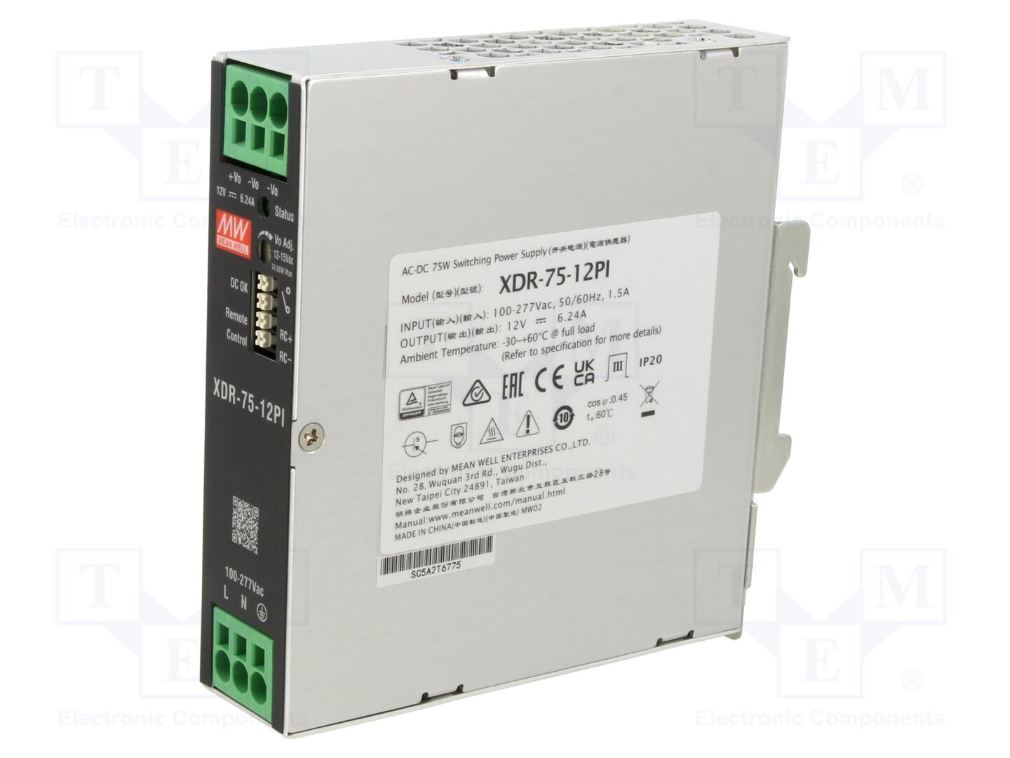 MEAN WELL XDR-75-12PI DIN-kisko teholähde 75W