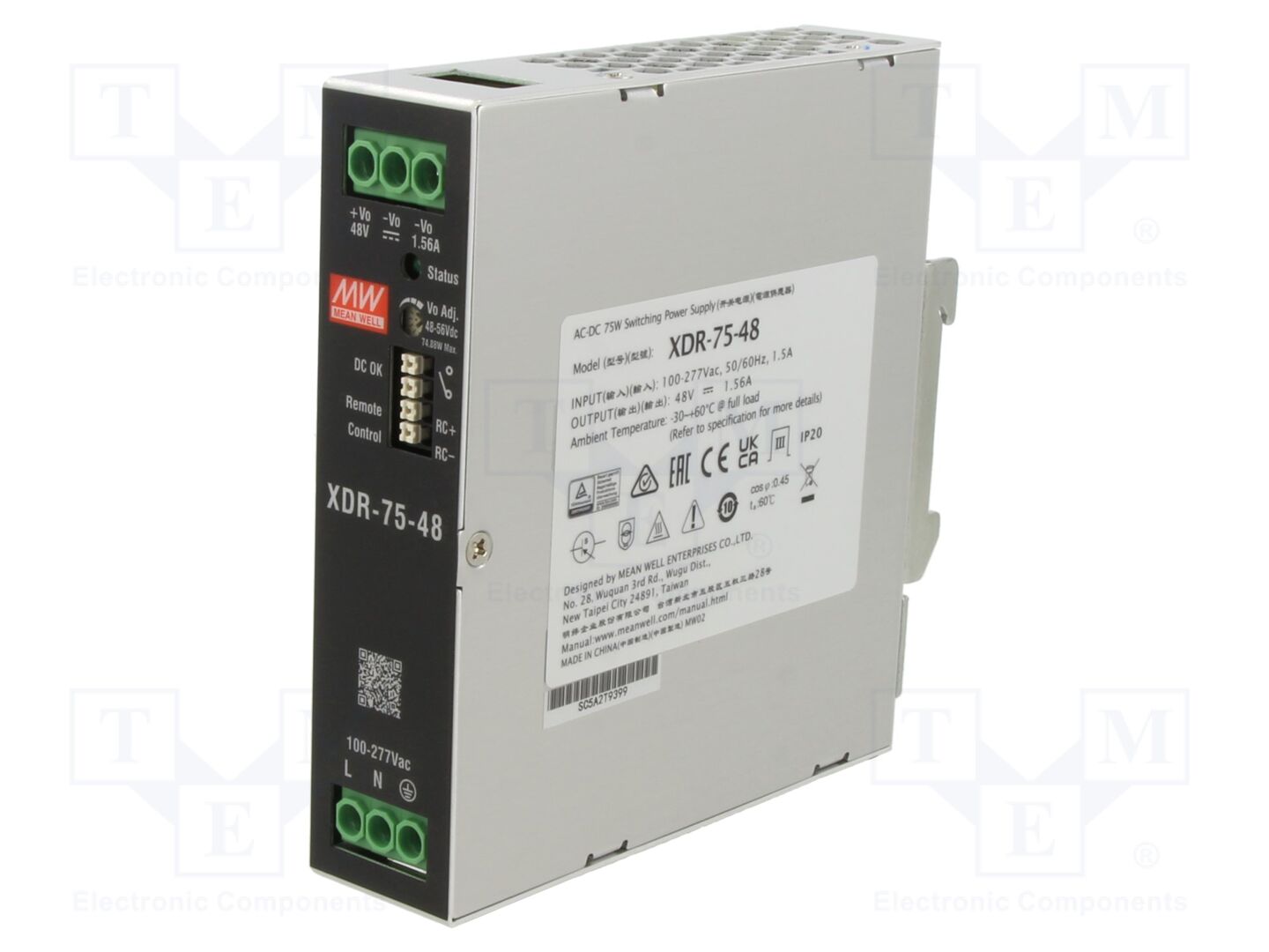 MEAN WELL XDR-75-48 DIN-kiskoon asennettava kytkentäsähkönsyöttö 75W 48VDC