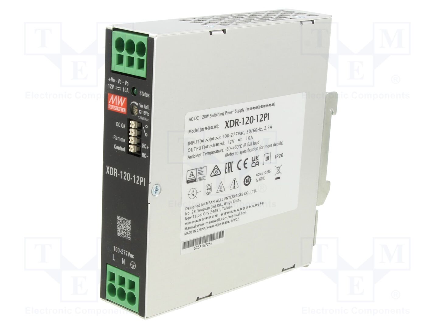 MEAN WELL XDR-120-12PI DIN-kiskokytketty kytkentävirtalähde 120W 12VDC