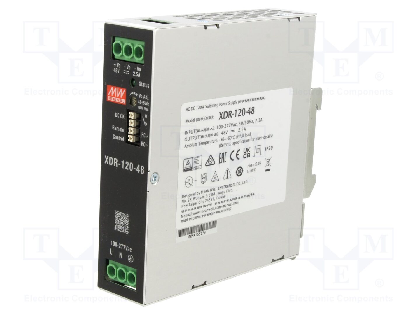 MEAN WELL XDR-120-48 DIN-kiskoon asennettava kytkentävirtalähde 120W 48VDC