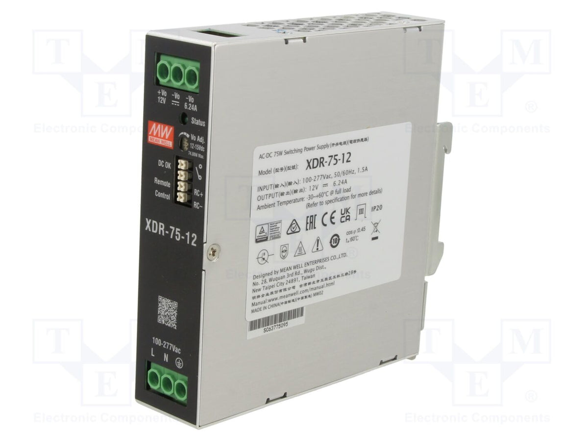 MEAN WELL XDR-75-12 DIN-kiskoon asennettava kytkentävirtalähde 75W 12VDC