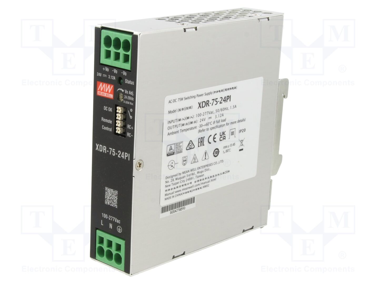 MEAN WELL XDR-75-24PI DIN-kisko teholähde 75W, 24VDC