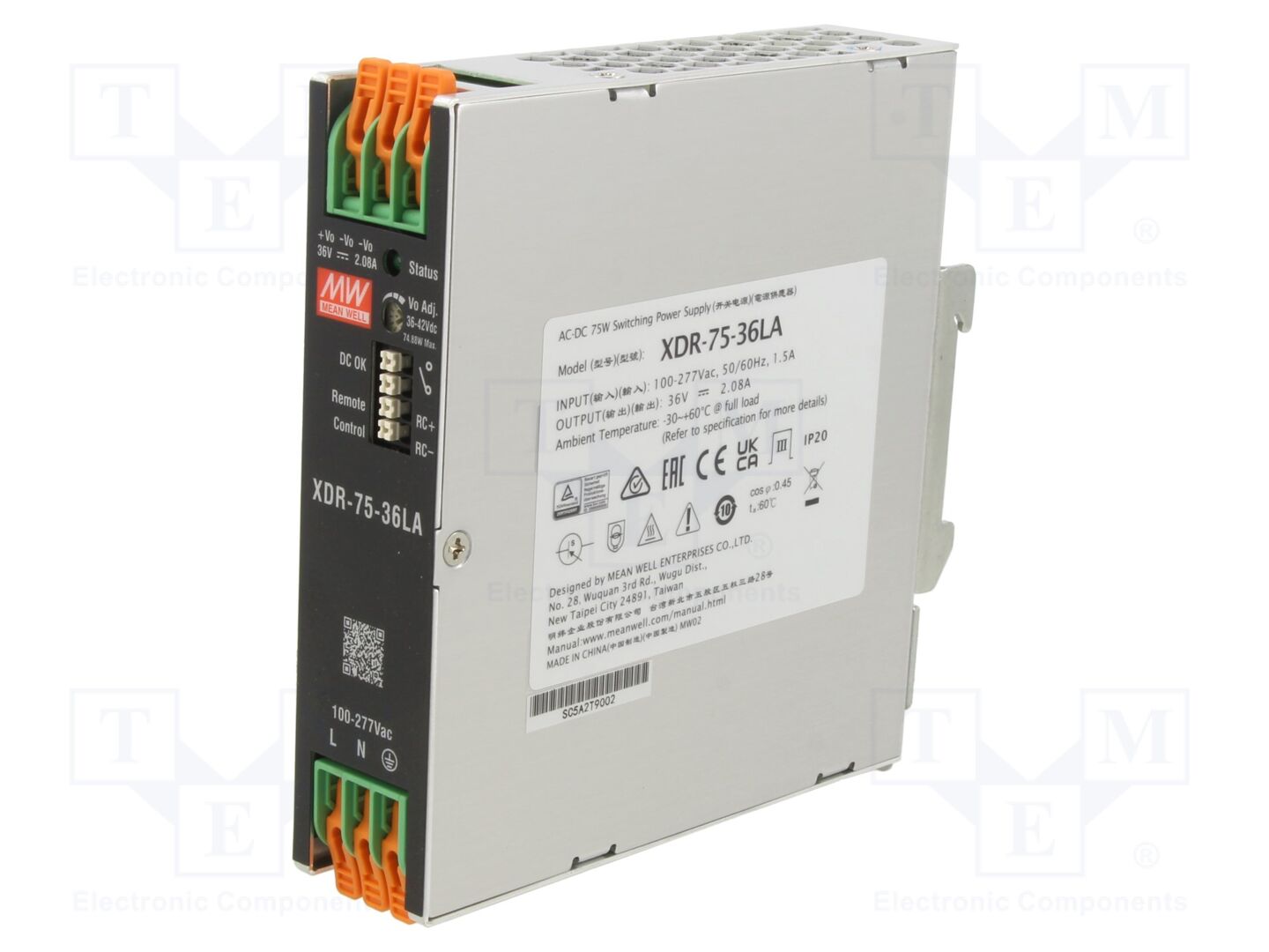 MEAN WELL XDR-75-36LA DIN-kiskoon asennettava kytkentäsähkönsyöttö 75W 36VDC