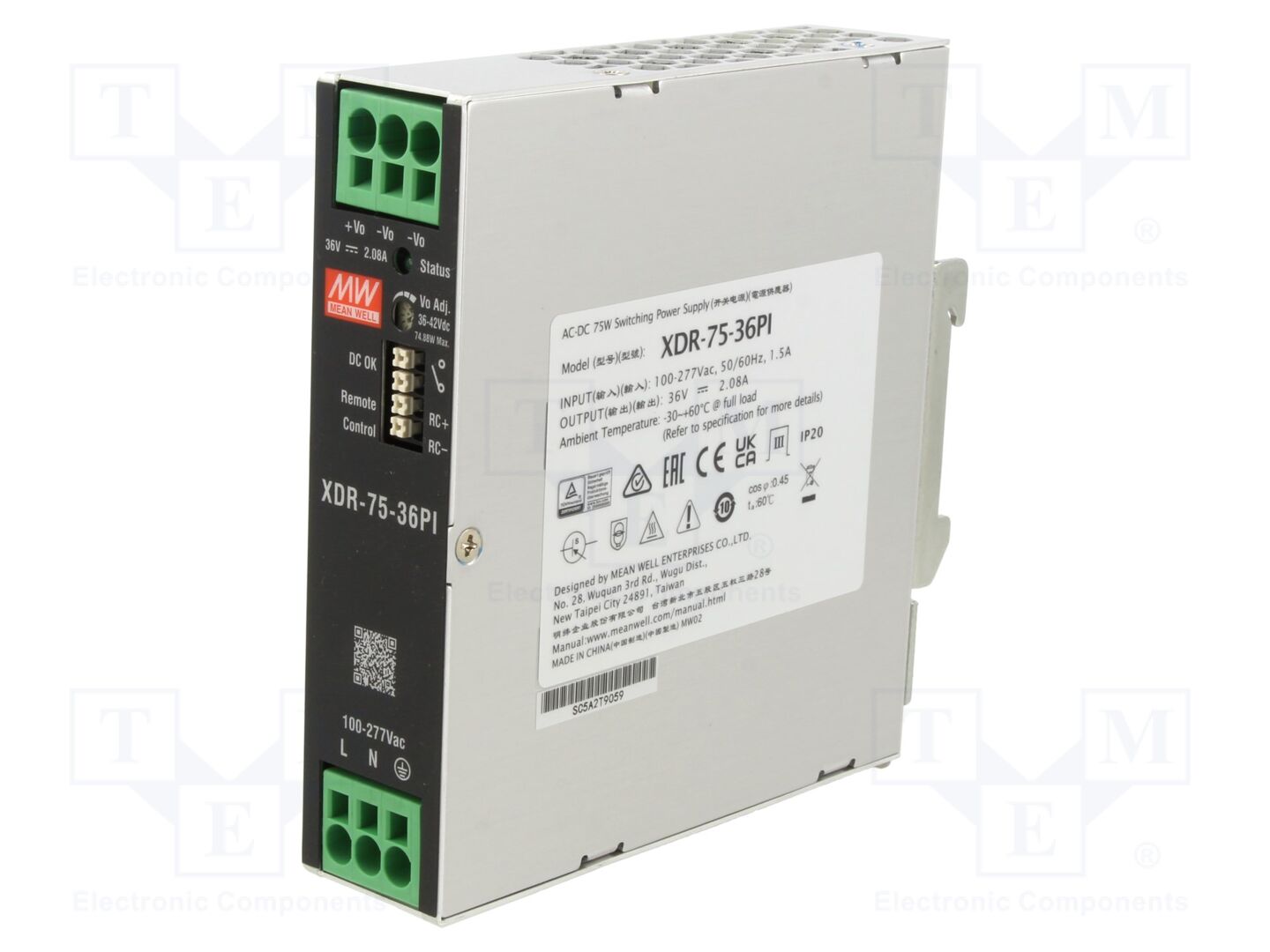 MEAN WELL XDR-75-36PI DIN-kiskokiinnitteinen kytkentävirtalähde 75W 36VDC