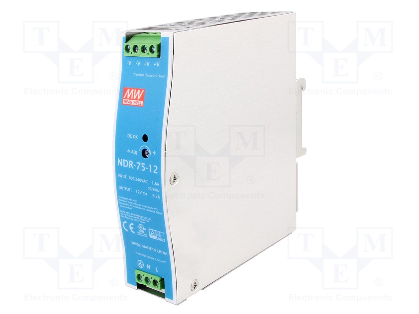 MEAN WELL NDR-75-12 DIN-kiskoon asennettava kytkentävirtalähde 75,6W 12VDC 6,3A