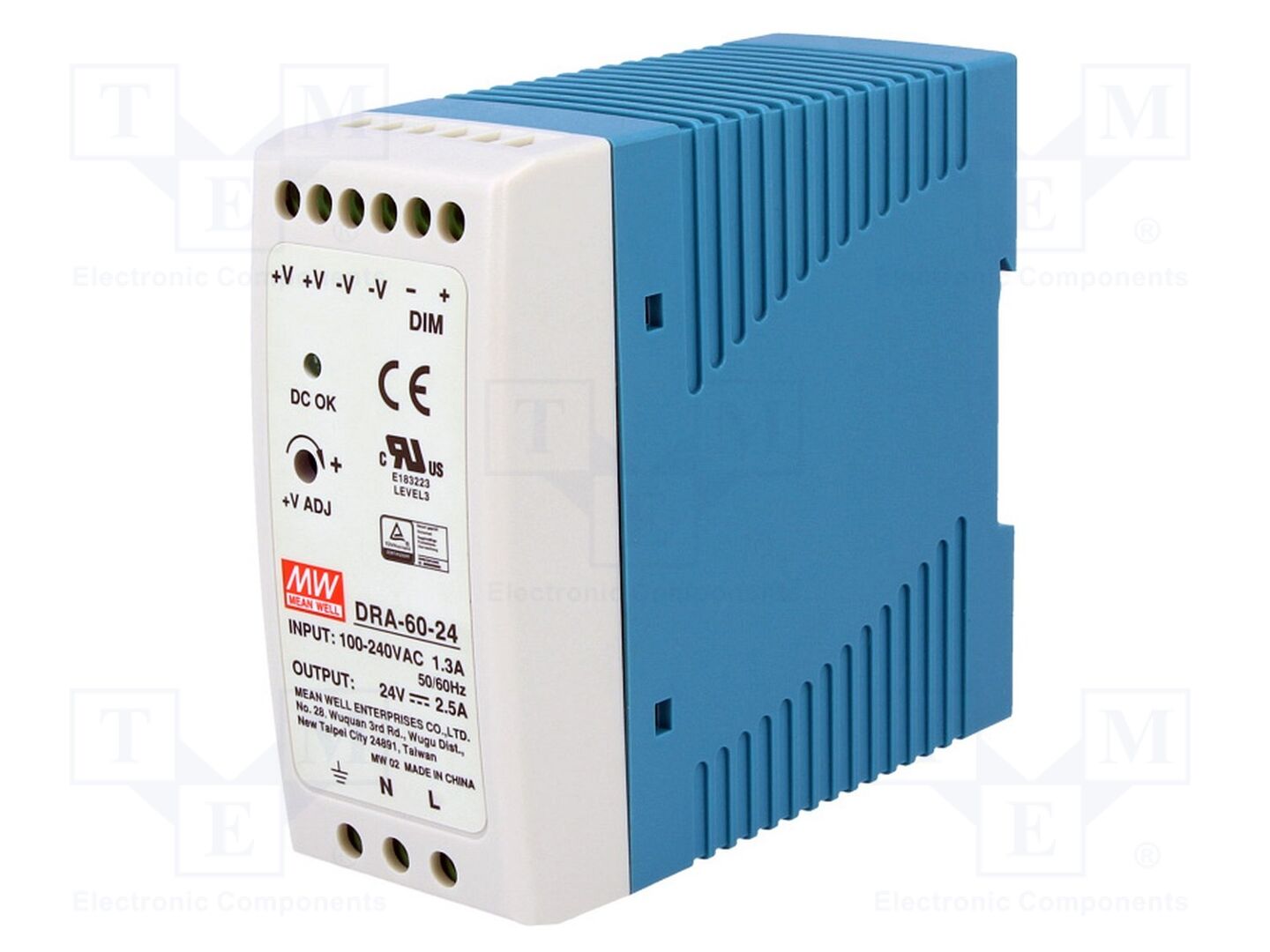MEAN WELL DRA-60-24 DIN-kiskoon asennettava kytkentäsähkönsyöttö 60W 24VDC