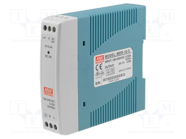 MEAN WELL MDR-10-5 DIN-kiskoon kiinnitettävä kytkentävirtalähde 10W 5VDC