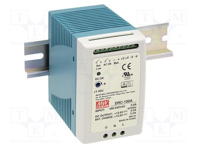 MEAN WELL DRC-100A DIN-kiskoon kiinnitettävä kytkentävirtalähde 96.6W 13.8VDC