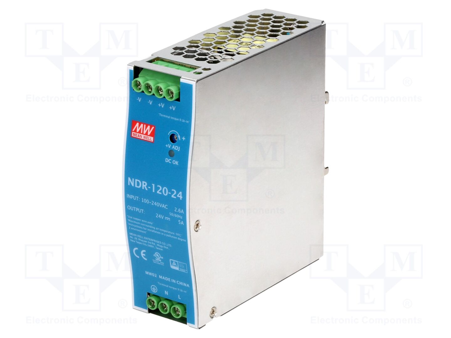 MEAN WELL NDR-120-24 DIN-kiskoon asennettava kytkentäsähkönsyöttö 120W 24VDC 5A