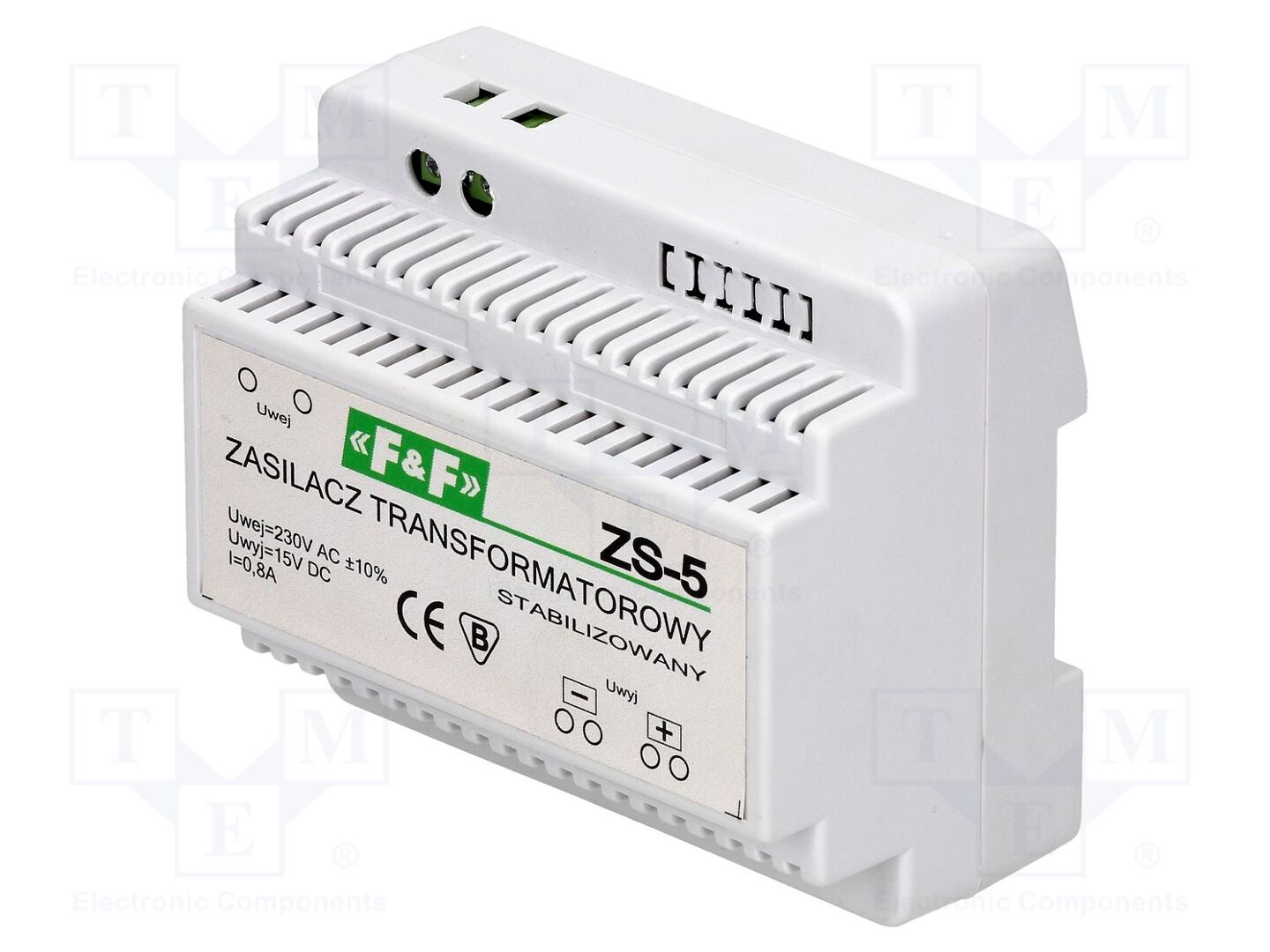F&F ZS-5 DIN-kiskoon asennettava jännitteenmuuntaja 15VDC 0.8A