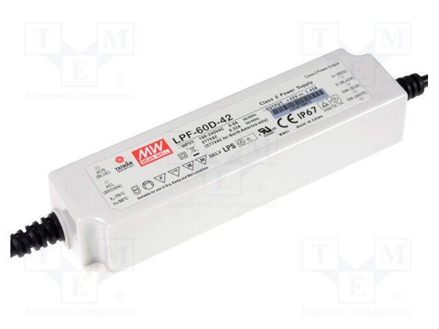 MEAN WELL LPF-60D-42 LED-verkkolaite 60W 42VDC 1.43A