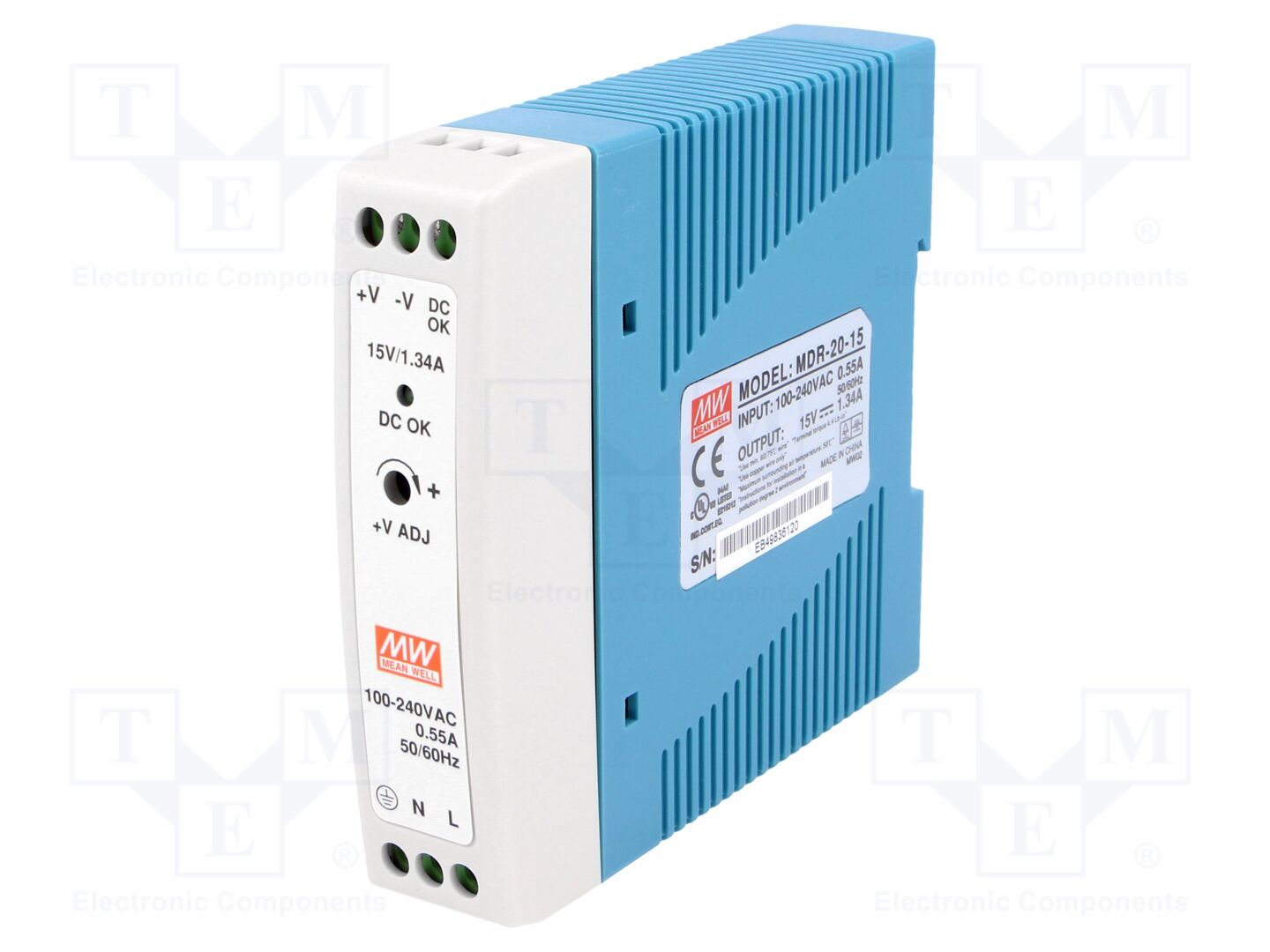 MEAN WELL MDR-20-15 DIN-kiskoon asennettava kytkentävirtalähde 20W 15VDC