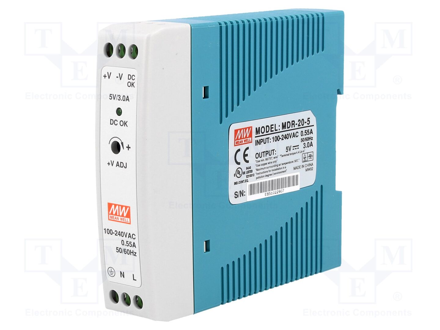 MEAN WELL MDR-20-5 DIN-kiskoon asennettava kytkentävirtalähde 15W 5VDC 3A