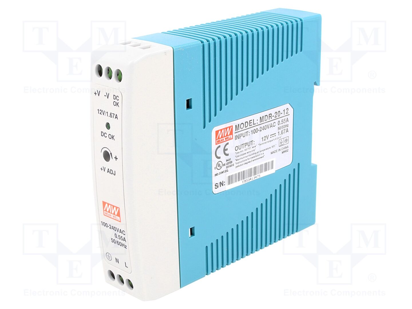 MEAN WELL MDR-20-12 DIN-kiskoon asennettava kytkentäsähkönsyöttö 20W 12VDC