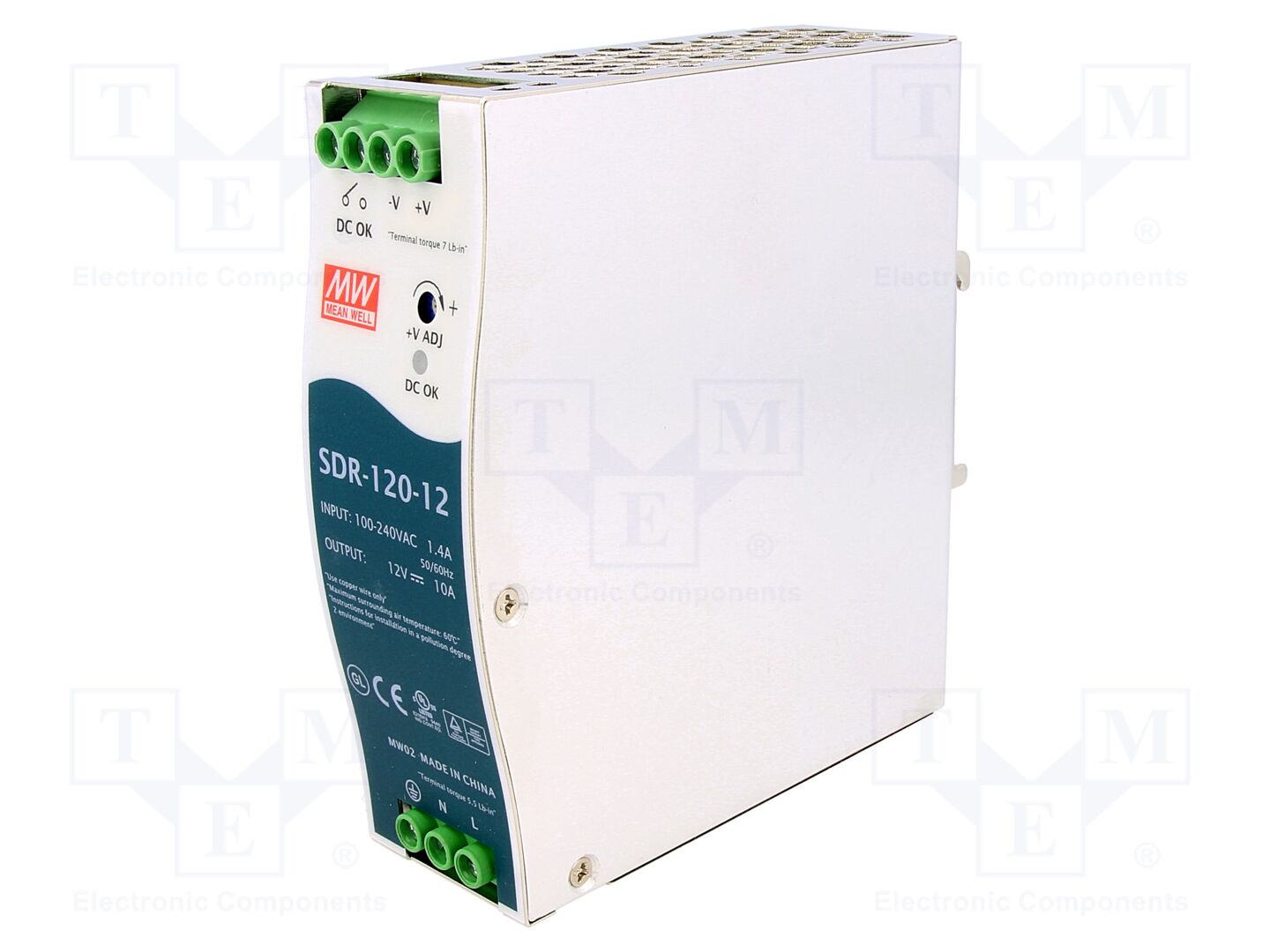 MEAN WELL SDR-120-12 DIN-kiskoon asennettava kytkentävirtalähde 120W 12VDC