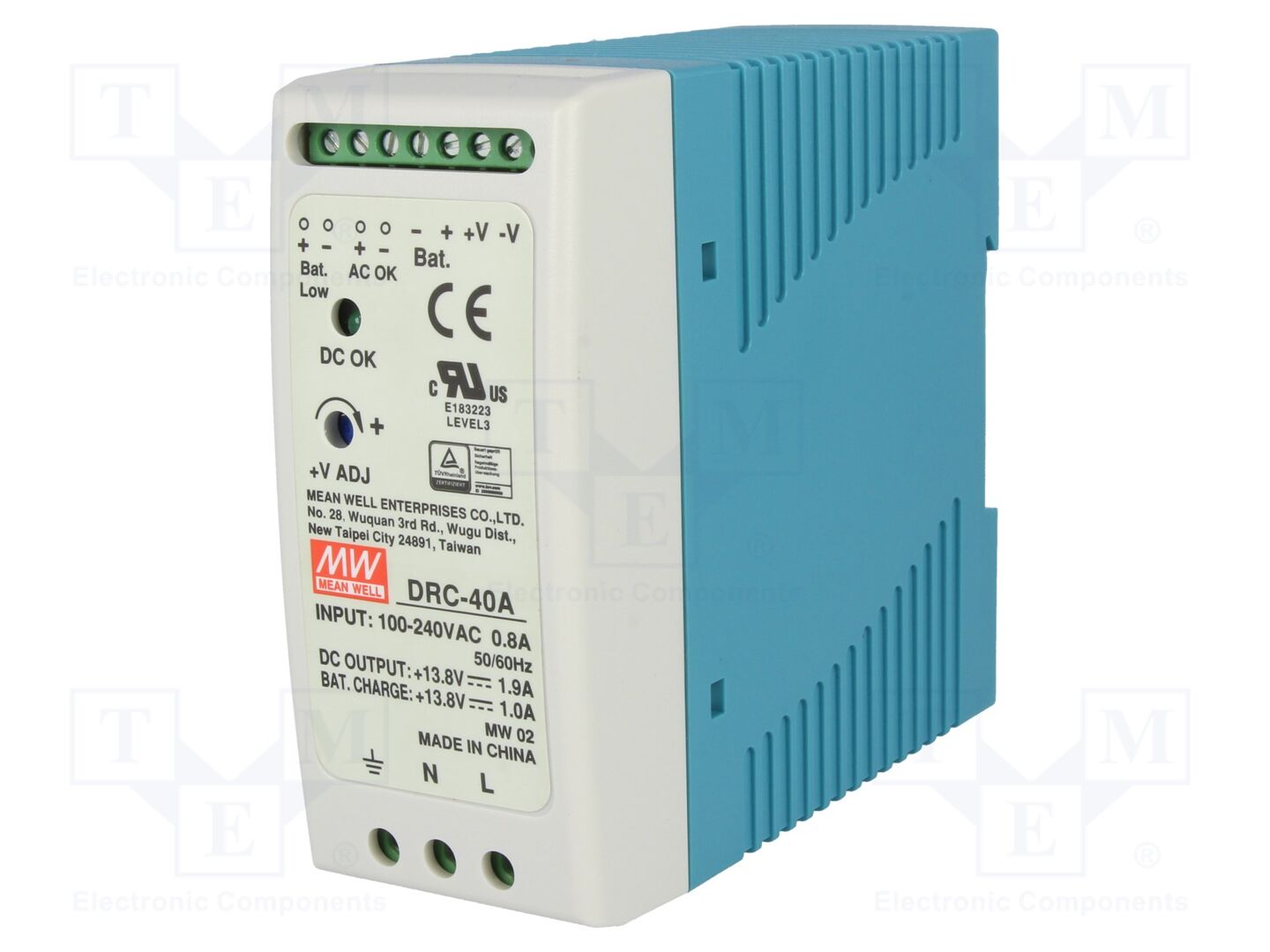 MEAN WELL DRC-40A DIN-kiskoon asennettava kytkentäsähkölaite 40W 13,8VDC