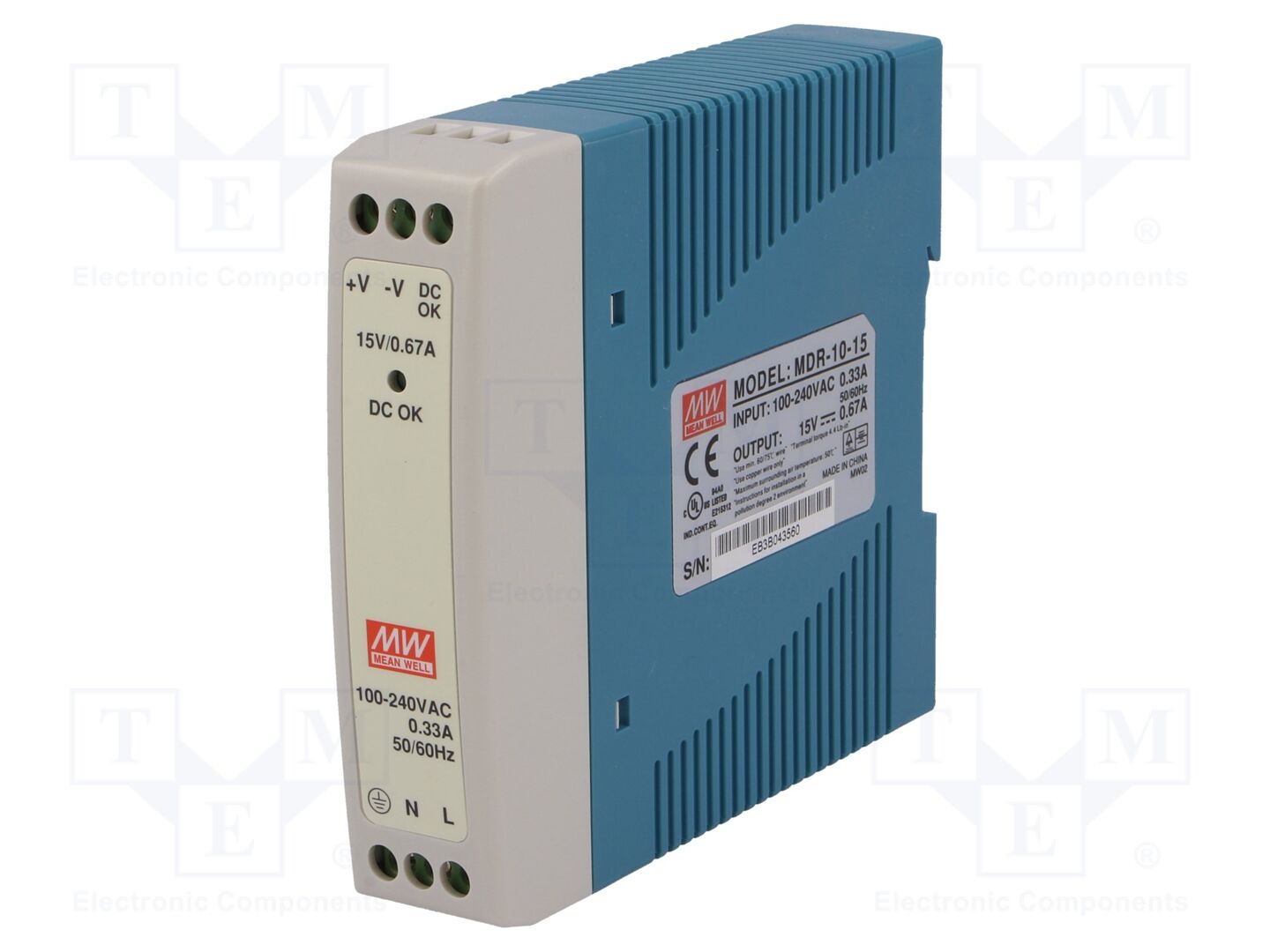 MEAN WELL MDR-10-15 DIN-kiskoon asennettava kytkentävirtalähde 10W 15VDC 0,67A