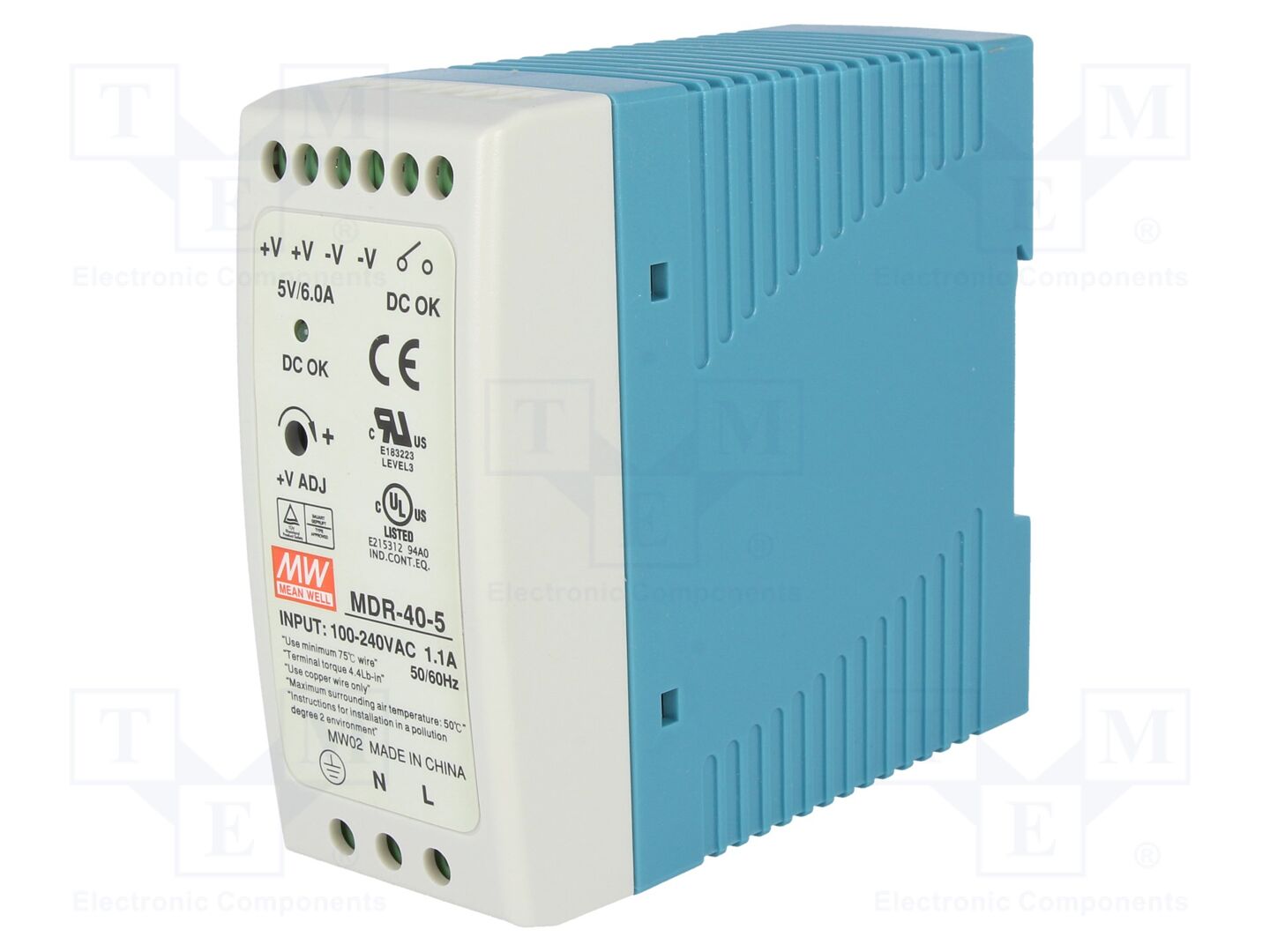 MEAN WELL MDR-40-5 DIN-kiskoon asennettava kytkentävirtalähde 30W 5VDC 6A
