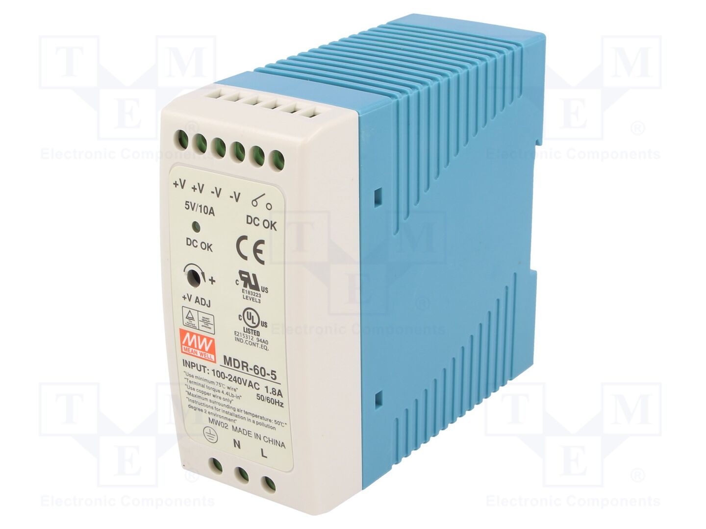 MEAN WELL MDR-60-5 DIN-kiskoon asennettava kytkentävirtalähde 50W 5VDC 10A