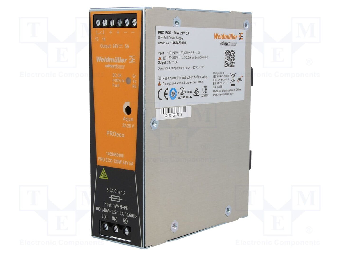 WEIDMÜLLER 1469480000 DIN-kiskoon asennettava kytkentäsähkönsyöttö 120W 24VDC 5A