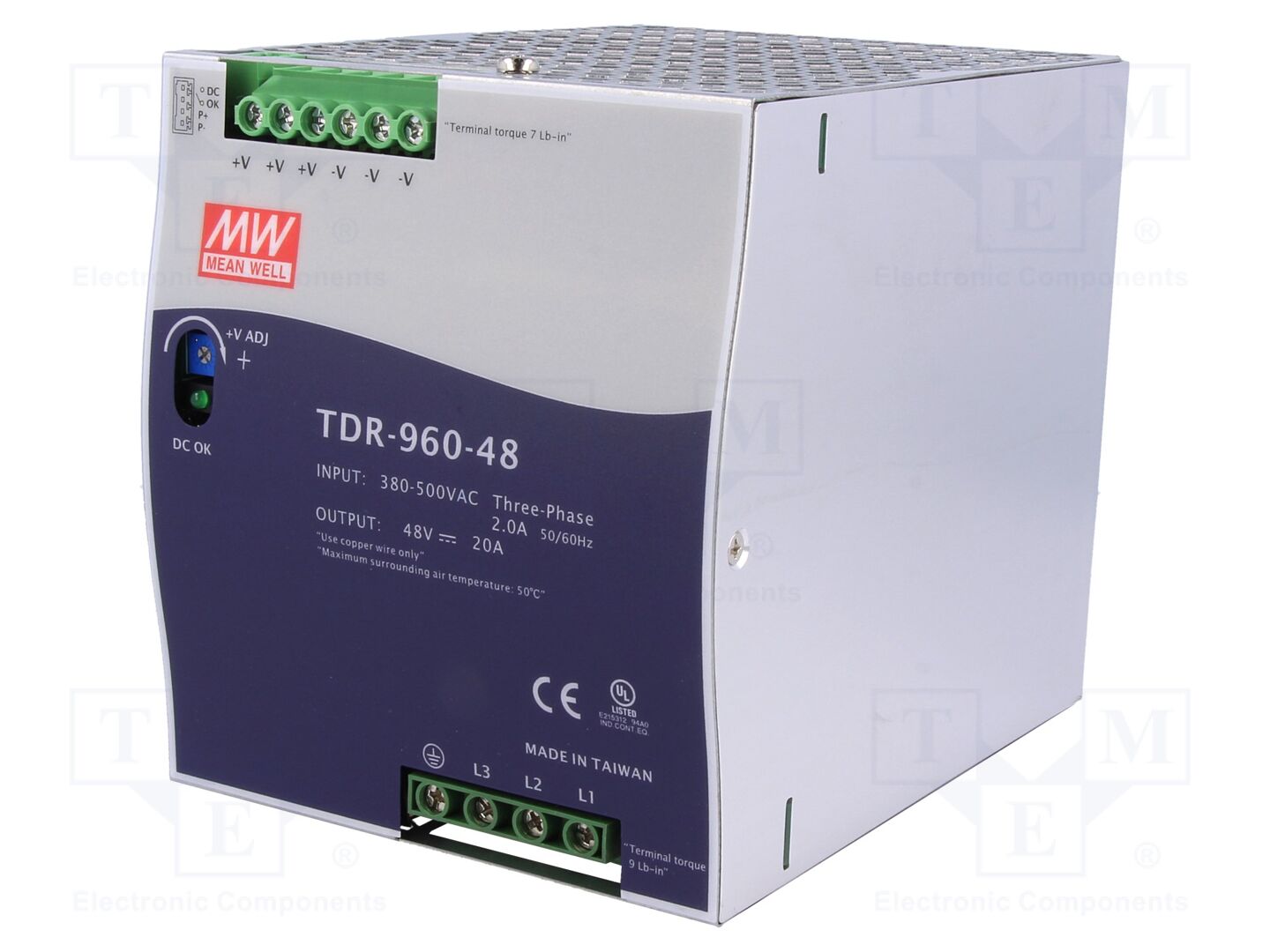 MEAN WELL TDR-960-48 DIN-kiskoon asennettava kytkentävirtalähde 960W 48VDC 20A