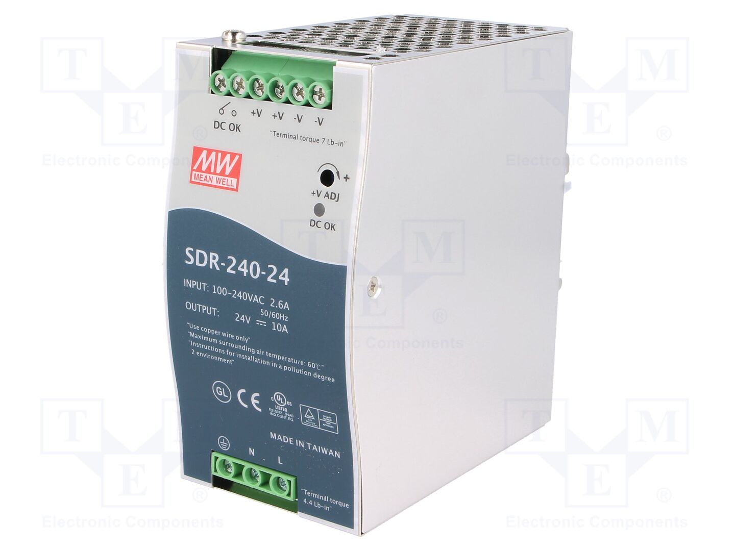 MEAN WELL SDR-240-24 DIN-kiskoon asennettava kytkentävirtalähde 240W 24VDC