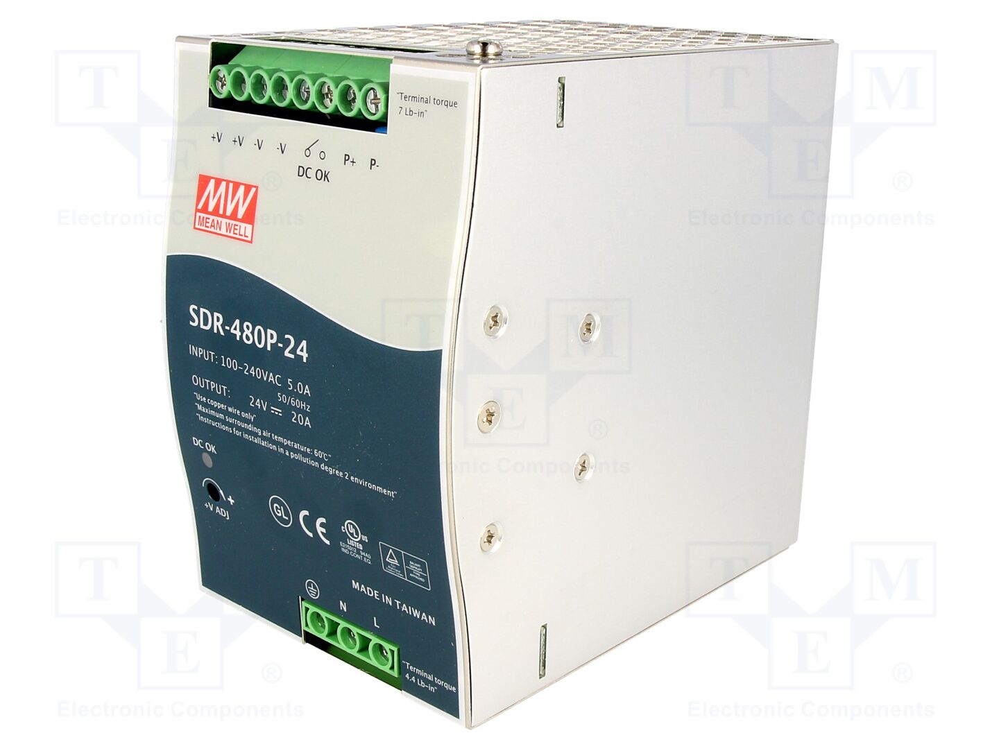 MEAN WELL SDR-480P-24 DIN-kiskoon asennettava kytkentävirtalähde 480W 24VDC