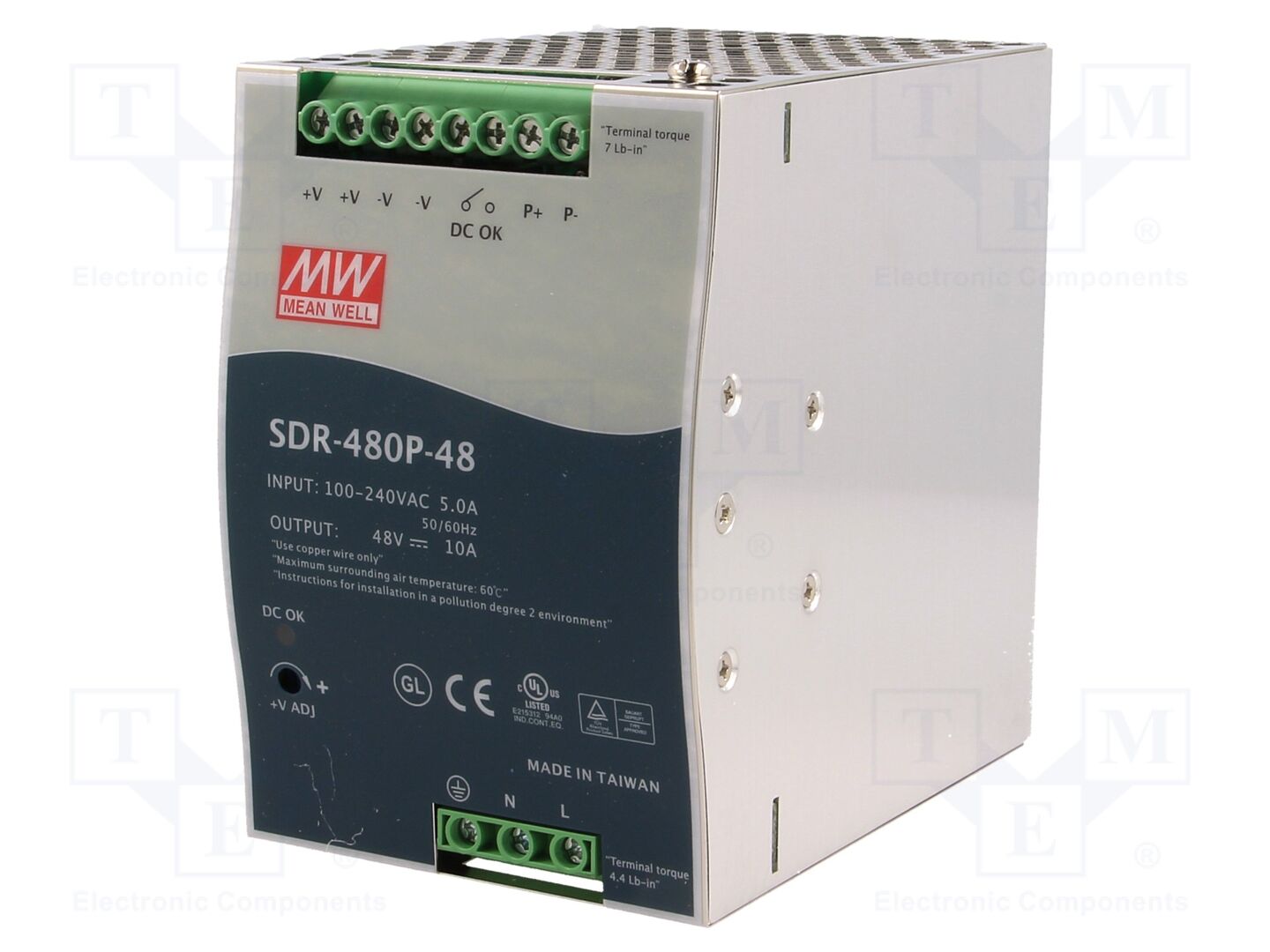 MEAN WELL SDR-480P-48 DIN-kiskoon kiinnitettävä kytkentävirtalähde 480W 48VDC