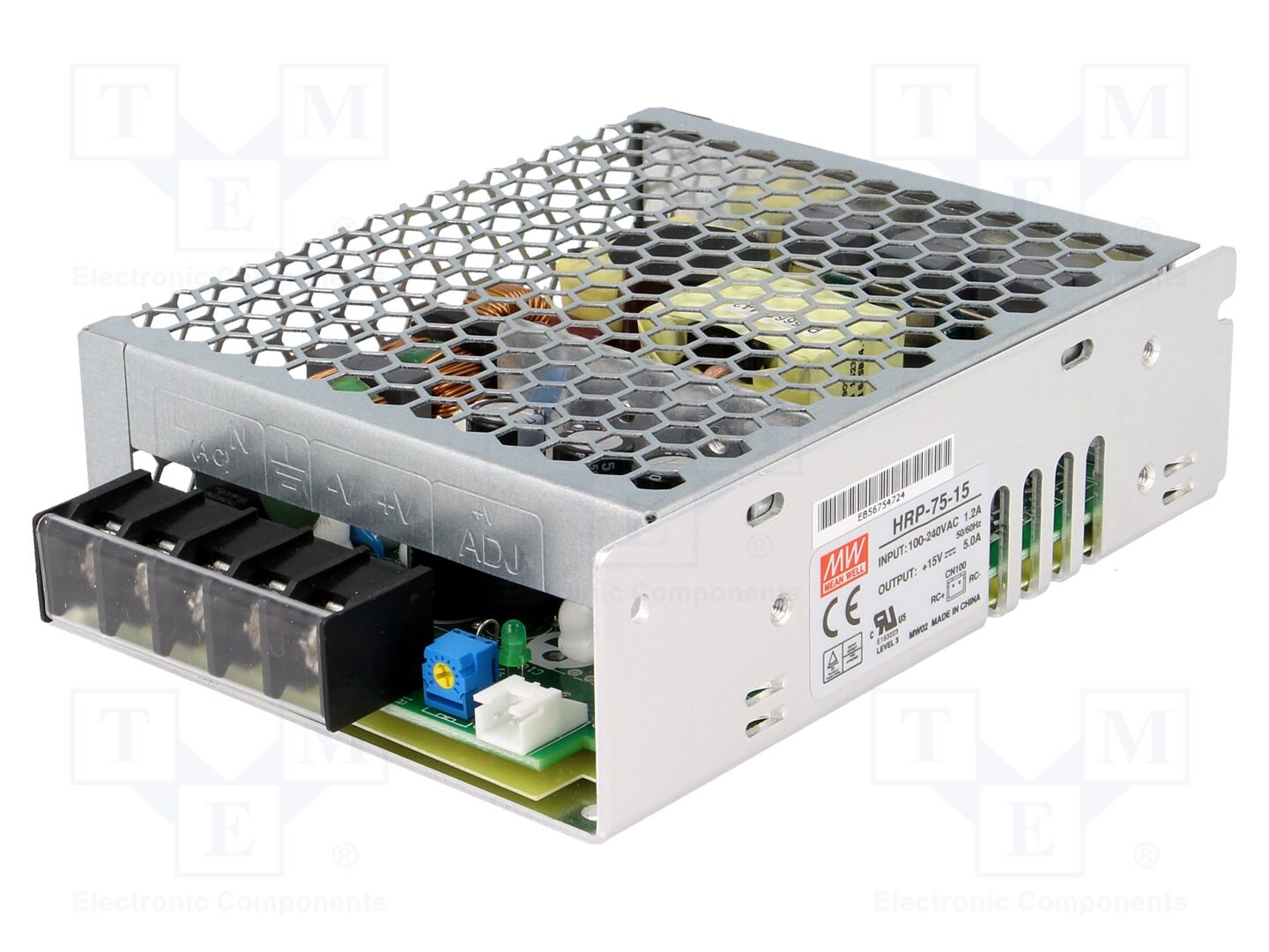 MEAN WELL HRP-75-15 Sisäänrakennettu kytkentäsähkölaite 75W 15VDC 5A