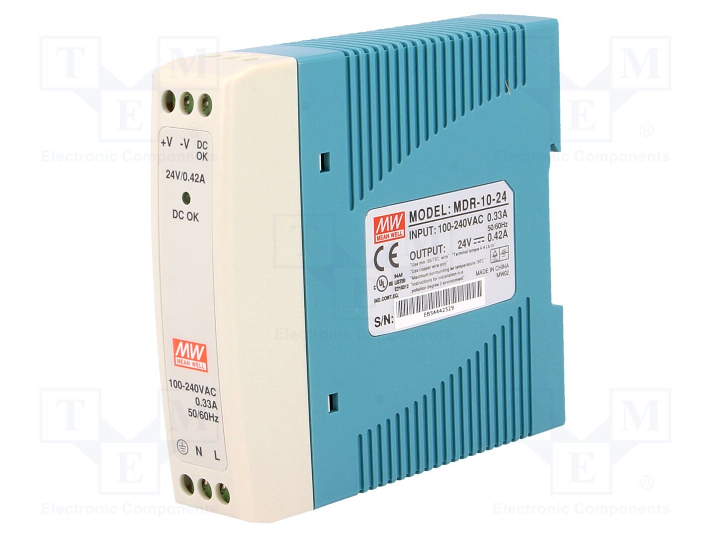 MEAN WELL MDR-10-24 DIN-kiskoon asennettava kytkentäsähkönsyöttö 10W 24VDC