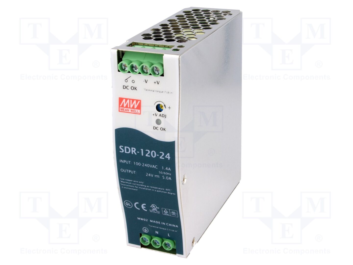 MEAN WELL SDR-120-24 DIN-kiskoon asennettava kytkentävirtalähde 120W 24VDC