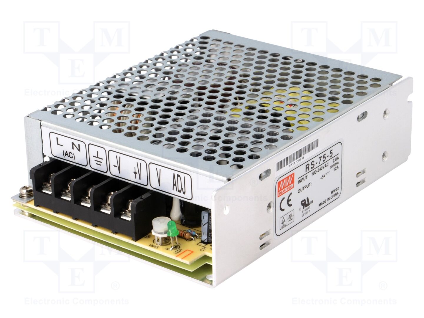 MEAN WELL RS-75-5 Sisäänrakennettu kytkentäsähkölaite 60W 5VDC 12A